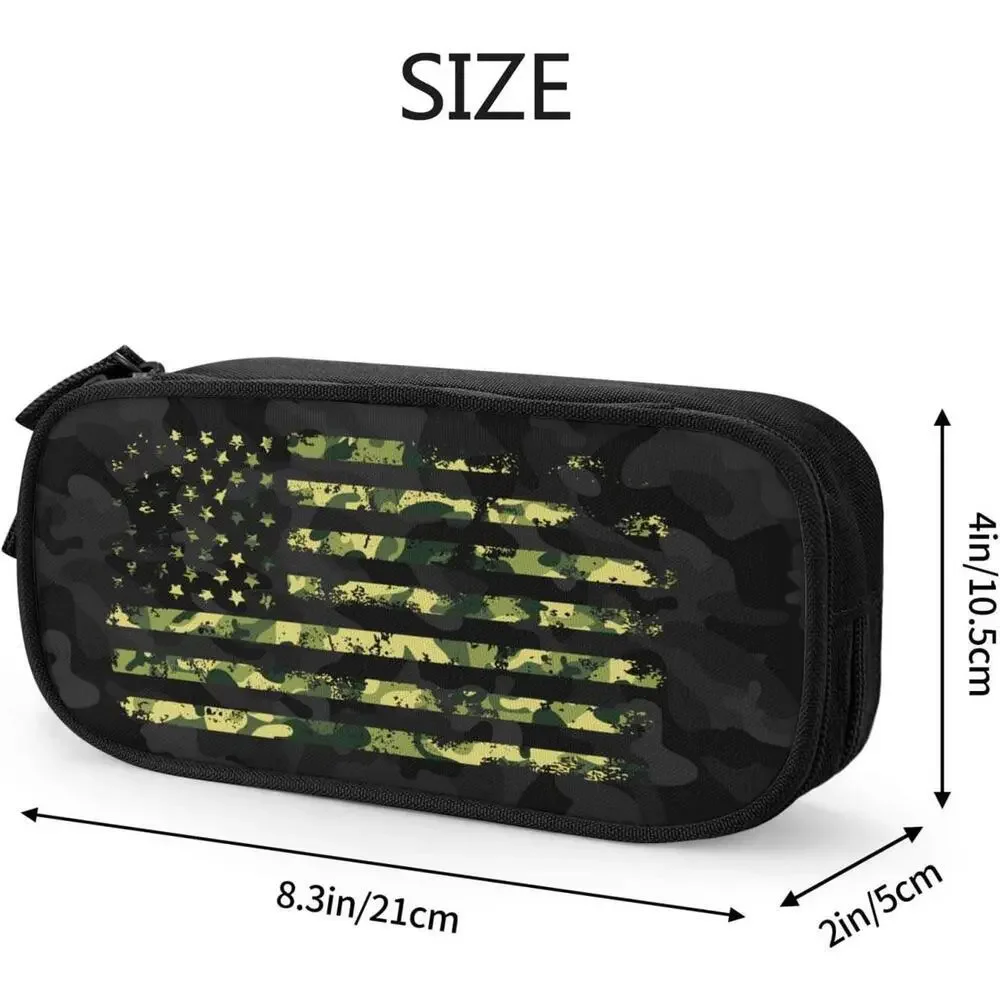 Black Camouflage American Flag Pencil Case Organizer with Multiple Compartments